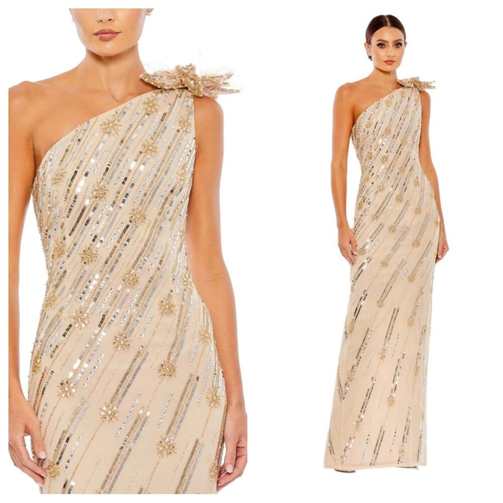 NWT MAC DUGGAL 93739 Nude Gold Embellished Floral Detail One Shoulder Gown Women